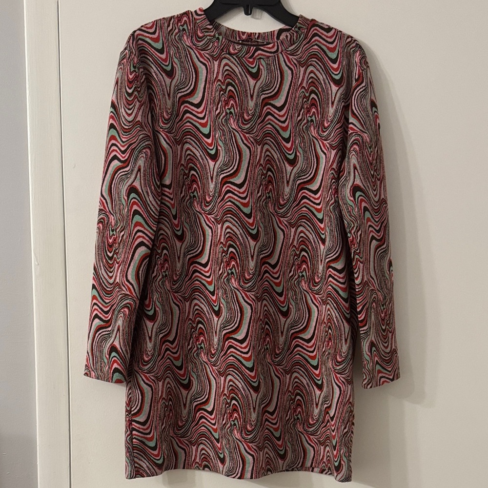 Zara Mod Print Shift Dress with Long Sleeves Swirl Pattern Dress Sz S EUC worn1x